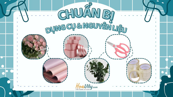 chuẩn bị dụng cụ và nguyên liệu trước khi bó hoa