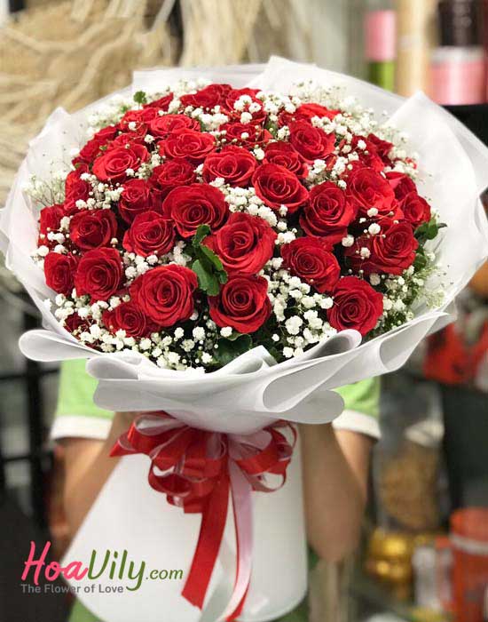 Bó hoa hồng đỏ kết hợp hoa baby - Hoavily